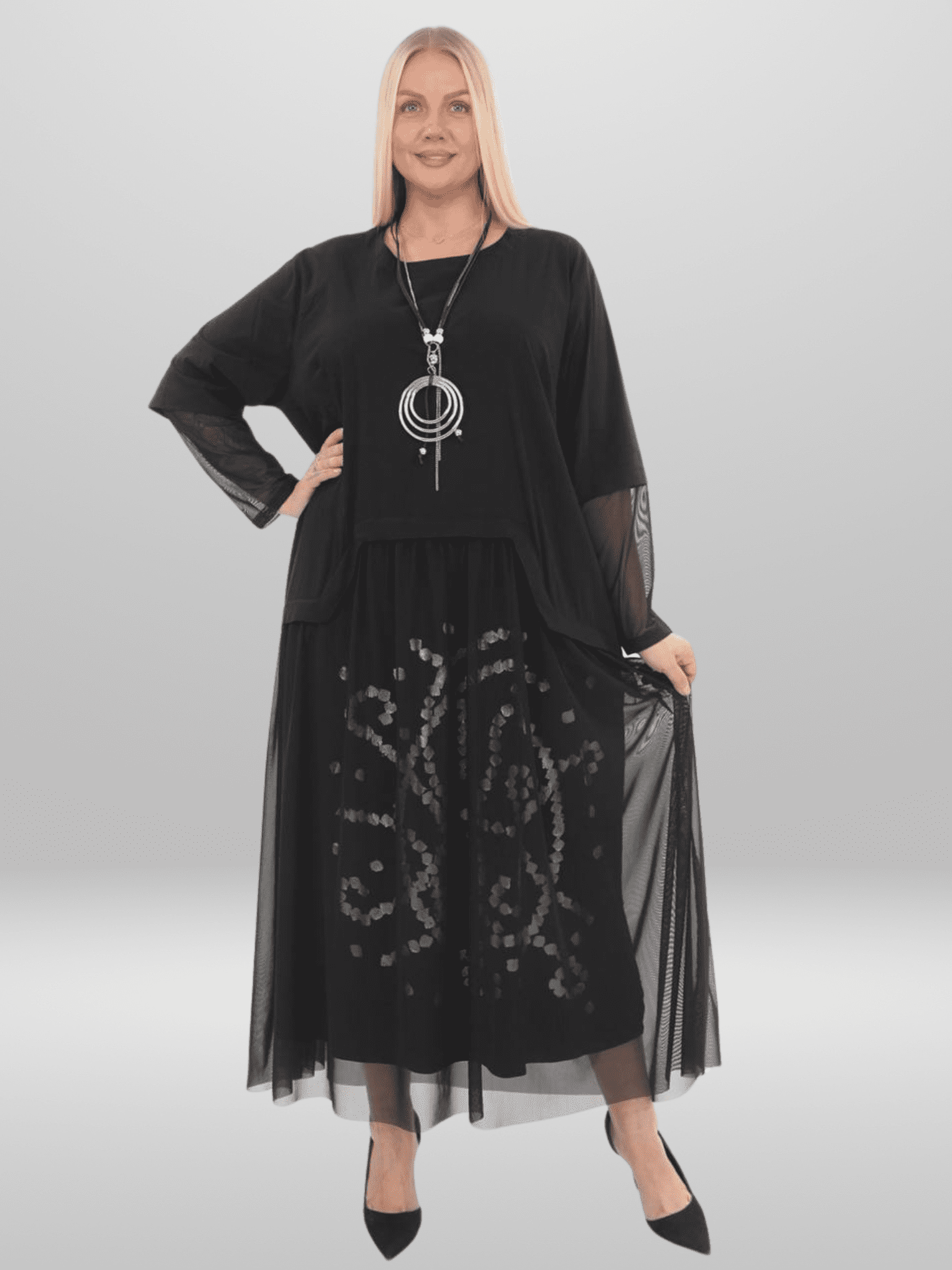 Get ready to turn heads in this stunning Divas Plus Size Dress. With a sleek silhouette and flattering fit, this dress is perfect for any occasion. Available in sizes 22/24, 24-26, and 26/28, it features a bust, waist, hip, collar, shoulder, sleeve, front length, and back length measurements. Made for comfort and style, this dress is a must-have for any plus size fashionista. Shop now and elevate your wardrobe with this sophisticated piece.