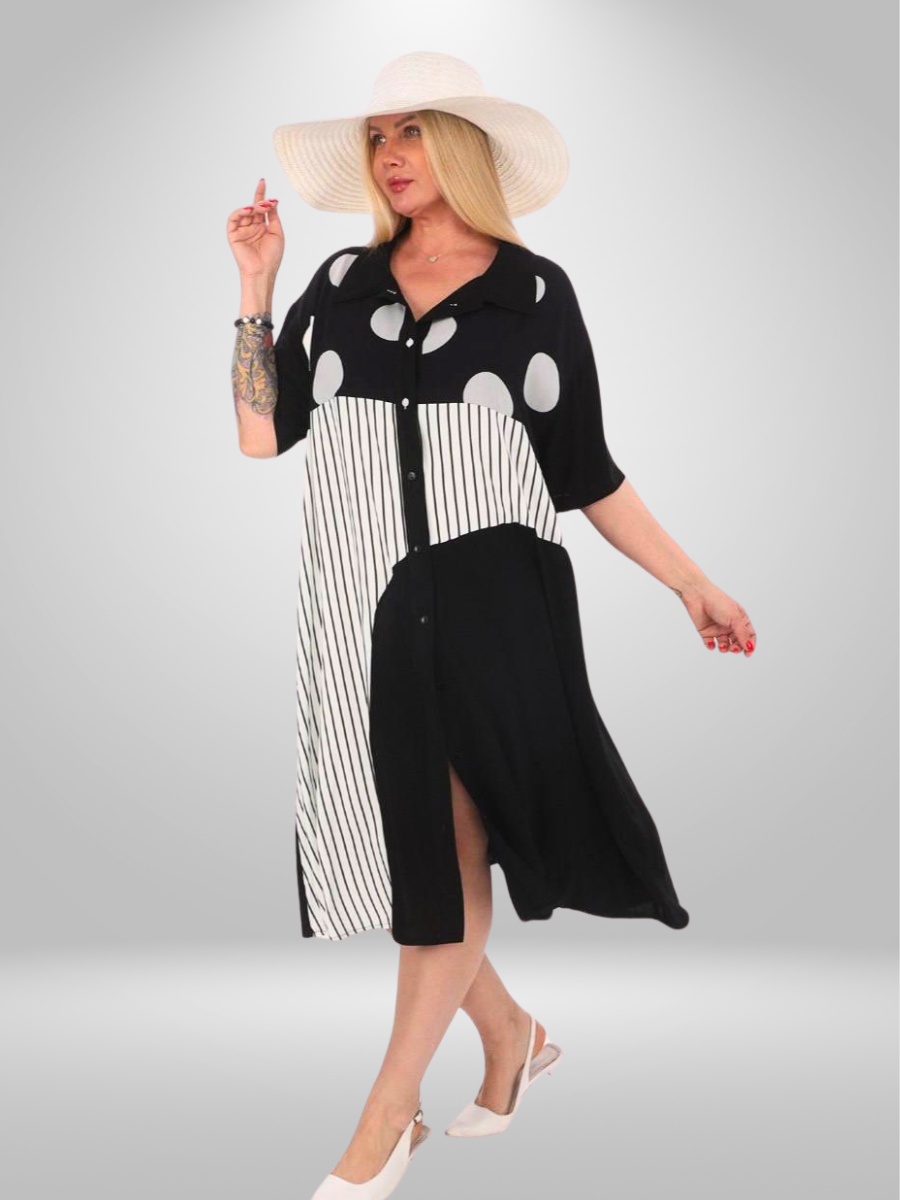 Divas Plus Size Chic Polka Dot and Stripe Button-Up Dress