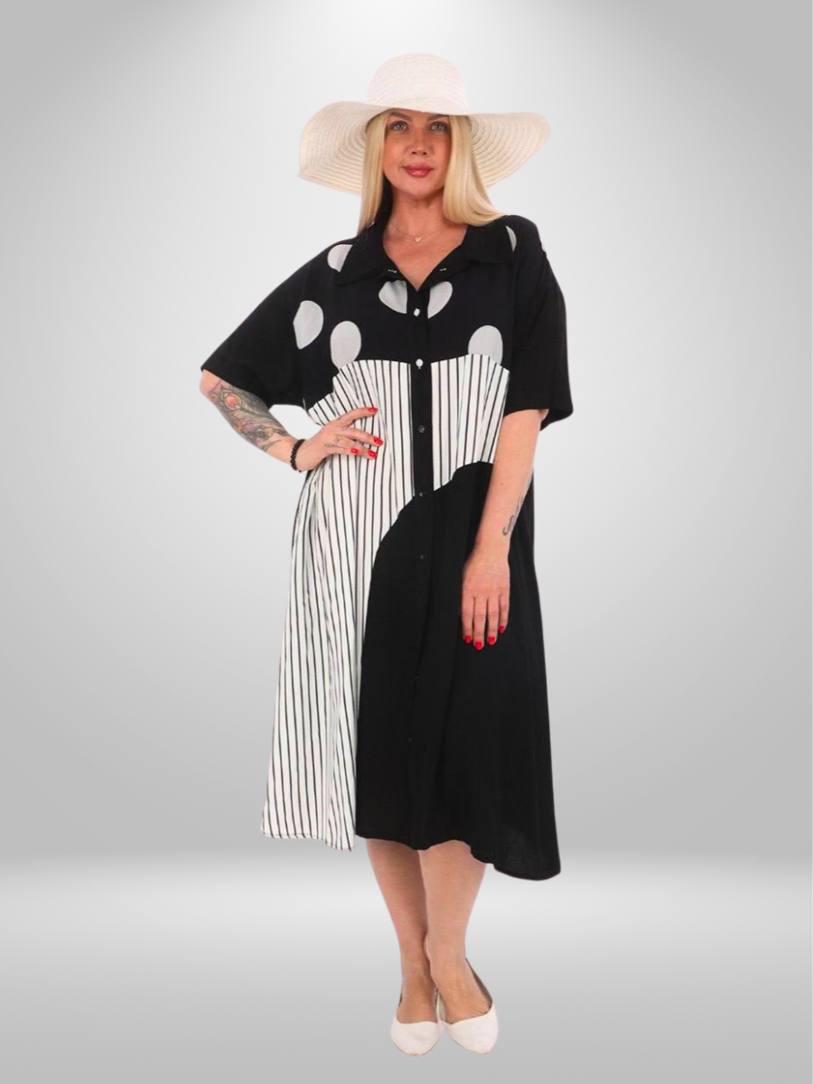 Divas Plus Size Chic Polka Dot and Stripe Button-Up Dress