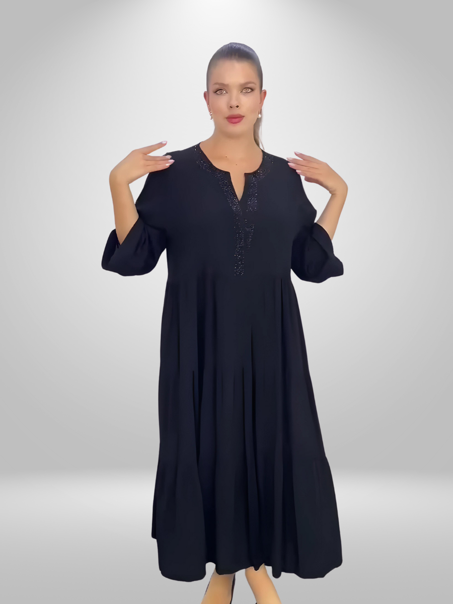 Plus Size Natural Embellished Neckline Darkwin Midi Dress in Sizes 22-24 made from 100% Viscose, showcasing the detailed neckline and flowing silhouette, perfect for elegant occasions in New Zealand.