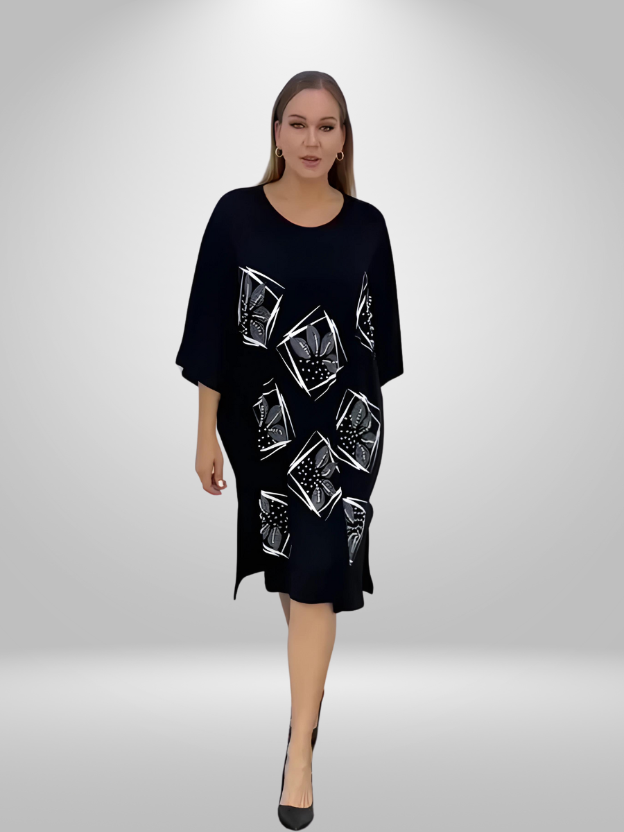 Stylish Plus Size Darkwin Pearl Flowers Short Tunic Dress in Sizes 24/26-28/30, featuring a unique blend of cotton, polyester, and elastane with pearl flower details, ideal for casual to formal wear in NZ.
