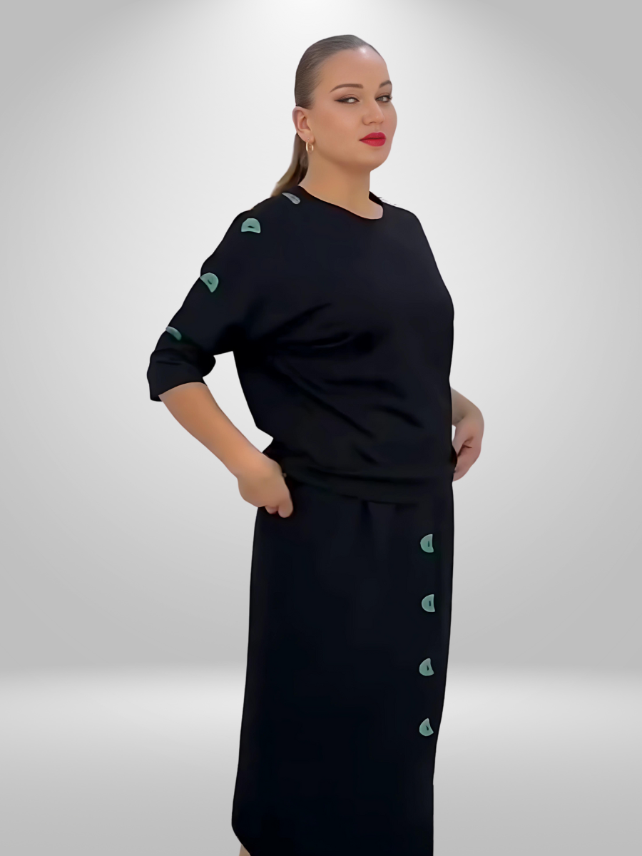 Elegant Darkwin Stylish Jade blouse and skirt set for women, sizes 16-20, in a beautiful autumn jade color. Made from a soft and warm blend of 75% viscose and 25% polyester, ideal for seasonal transitions.