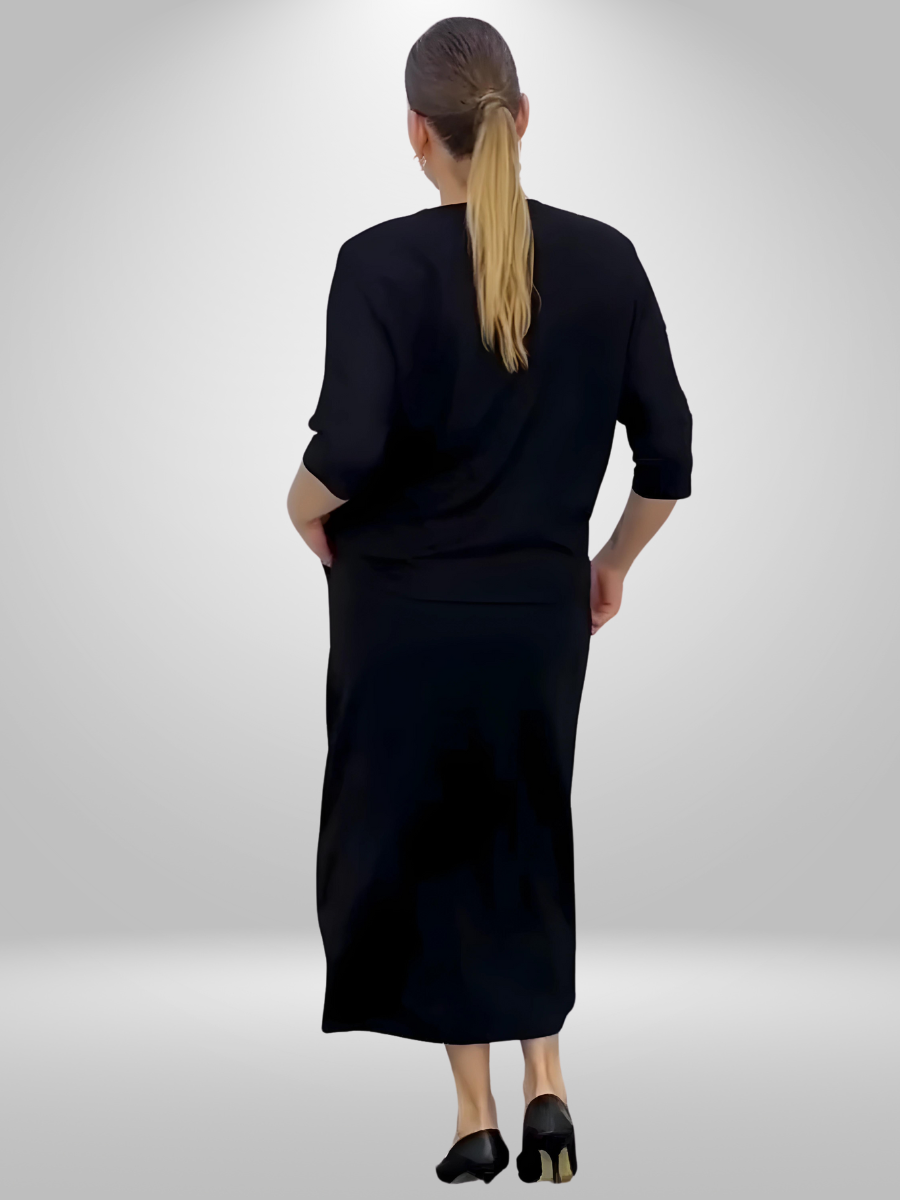 Elegant Darkwin Stylish Jade blouse and skirt set for women, sizes 16-20, in a beautiful autumn jade color. Made from a soft and warm blend of 75% viscose and 25% polyester, ideal for seasonal transitions.