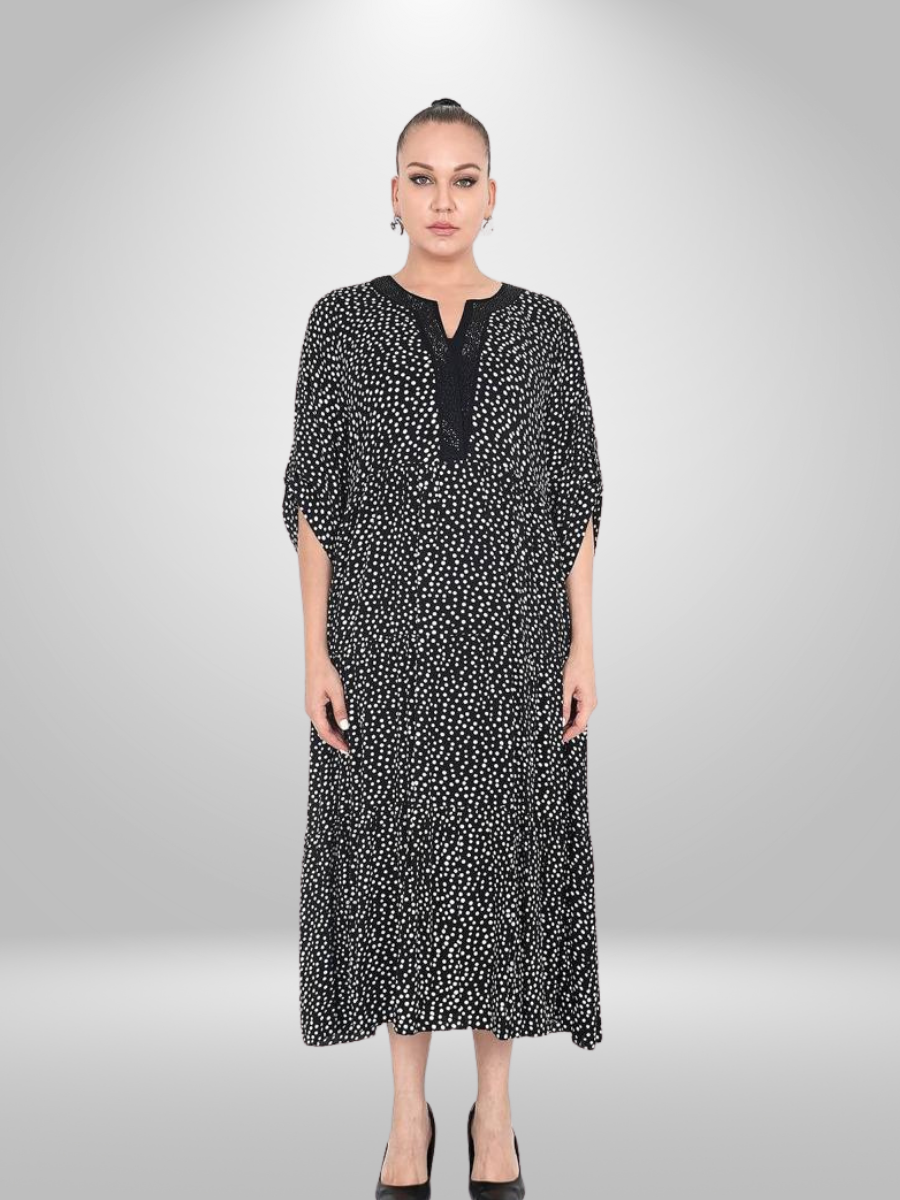 Plus Size Natural Embellished Neckline Darkwin Midi Dress in Sizes 22-24 made from 100% Viscose, showcasing the detailed neckline and flowing silhouette, perfect for elegant occasions in New Zealand.