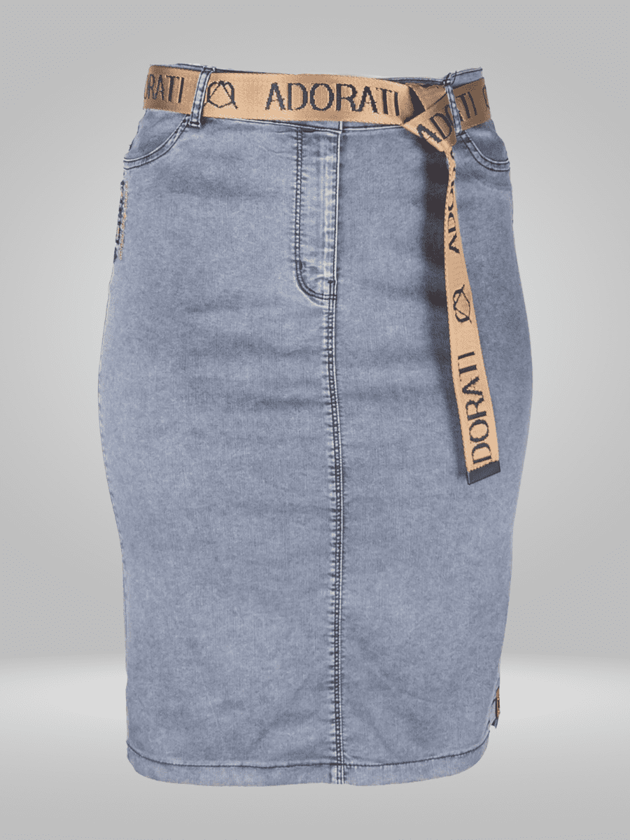 Upgrade your denim game with the Adorati Plus Size Denim Skirt, available in sizes 12-26. This stylish skirt is designed to flatter curvy figures, with a flat lay measurement of 86cm at the waist and 104cm at the hip. The length measures 66cm, and the hem is 104cm. Perfect for any occasion, this denim skirt is a must-have for your wardrobe.