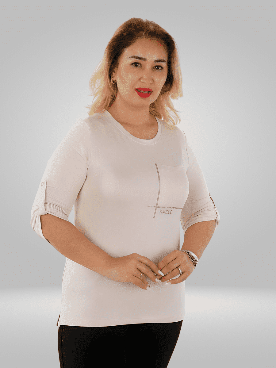 Upgrade your wardrobe with the Kazee Women's Blouse featuring a stylish pocket and short sleeves. Made with 92% viscose and 8% elite, this blouse offers a figure-hugging fit and luxurious softness. Model is 1.61 cm tall with a bust of 108 cm, waist of 83 cm, and hips of 100 cm. Perfect for any occasion, this blouse is a must-have for every fashion-forward woman.