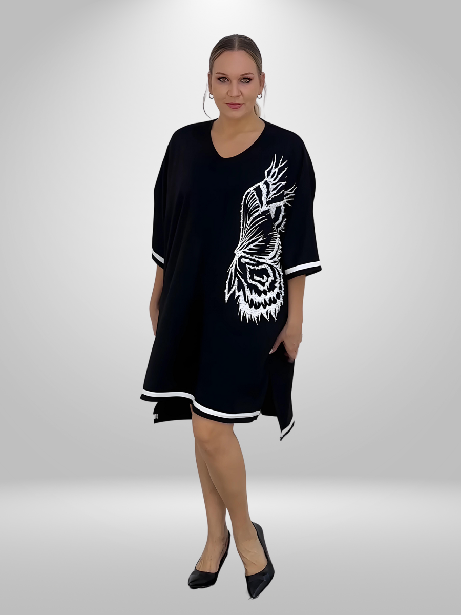 A curvy woman wearing the Darkwin Pearl Butterfly Plus Size Dress, showcasing the trendy curvy fashion tunic dress in New Zealand.