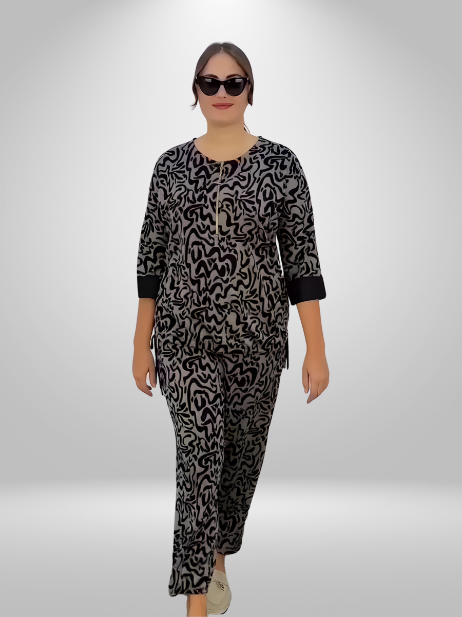 Darkwin Abstract Print Plus Size Pants in sizes 18-20, showcasing the distinctive design and fabric blend for a detailed view of their quality and fashion-forward appeal.