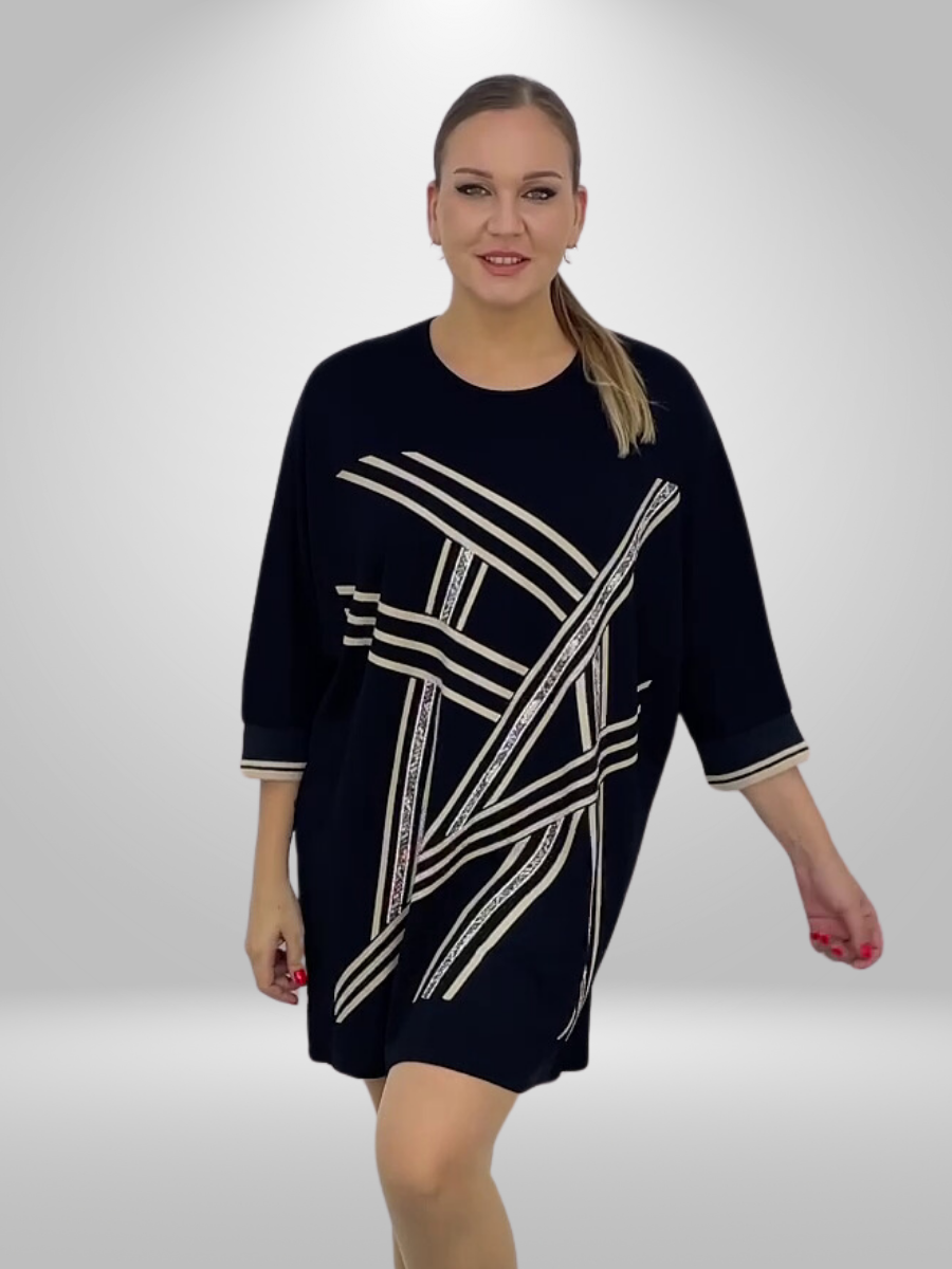 A curvy woman wearing the Darkwin GeoGlam Shift Plus Size Tunic Dress, showcasing the trendy curvy fashion tunic dress in New Zealand.