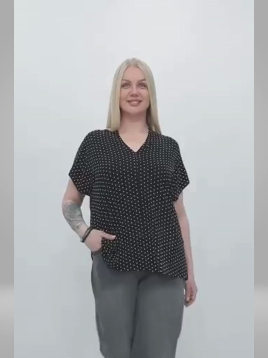 A close-up and full-body video showcasing the black polka dot blouse for plus-size women, emphasizing its lightweight and breathable fabric ideal for summer.